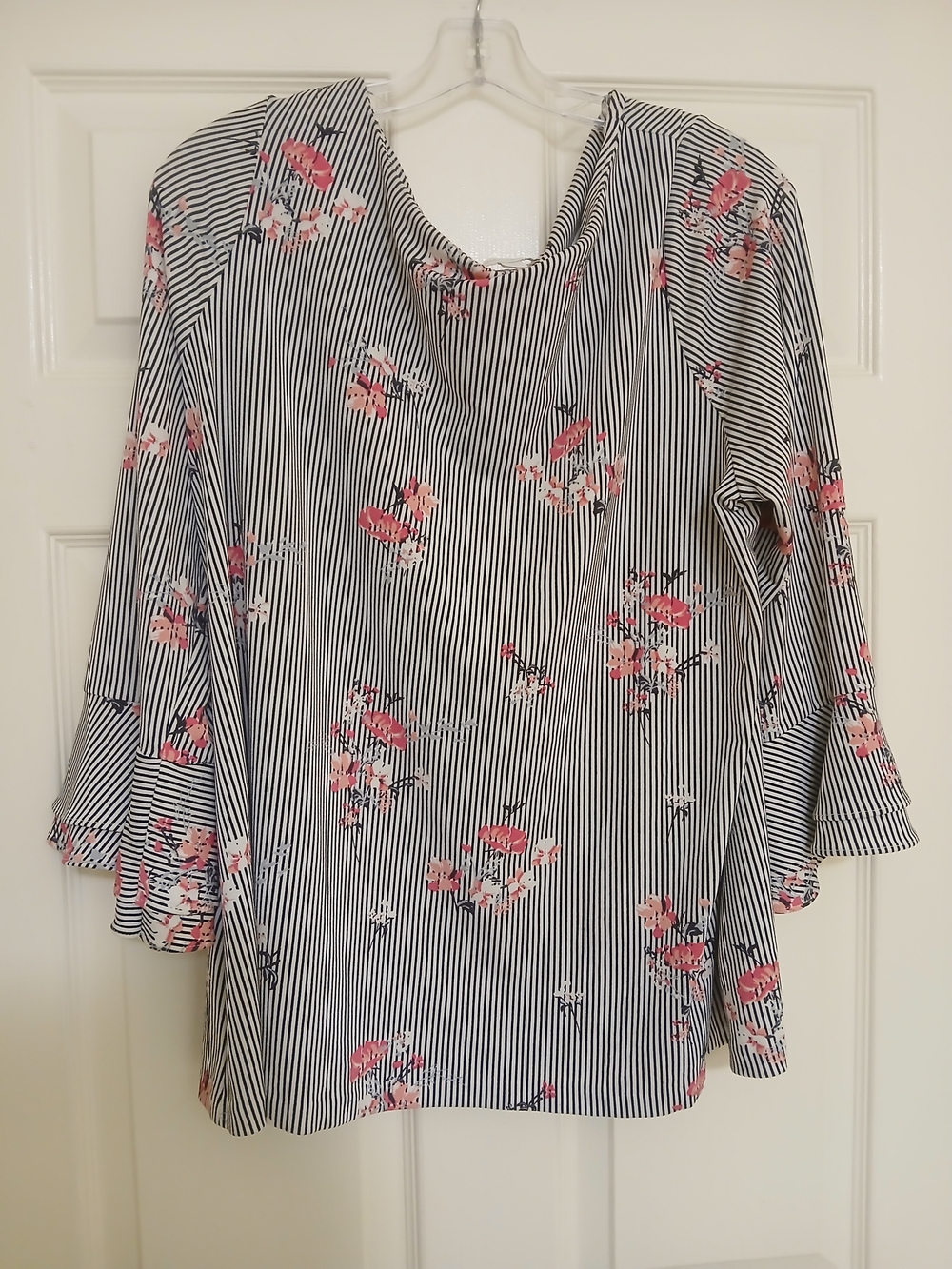 Charter Club Black & White Striped Blouse with Pink Floral Print